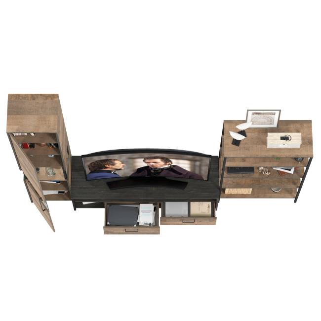 Стенка для гостиной Трувор № 14 с пеналом-витриной с подсветкой цвет дуб гранж песочный/интра