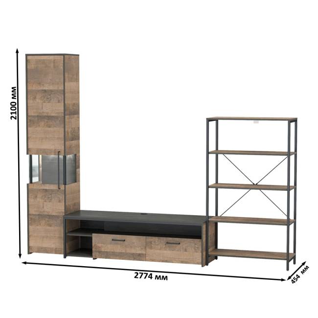 Стенка для гостиной Трувор № 14 с пеналом-витриной с подсветкой цвет дуб гранж песочный/интра