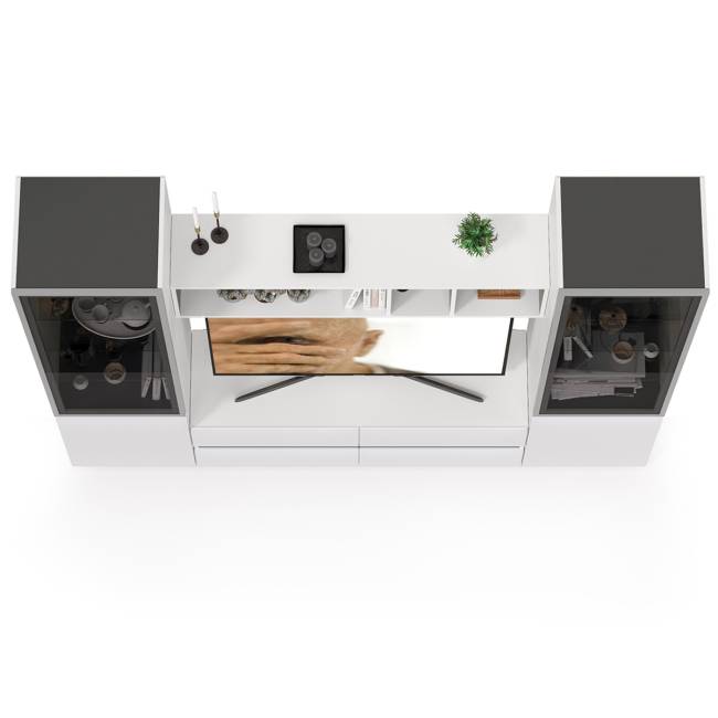 Стенка для гостиной со стеклянными фасадами Сидней цвет белый/чёрный/фасады МДФ белый глянец