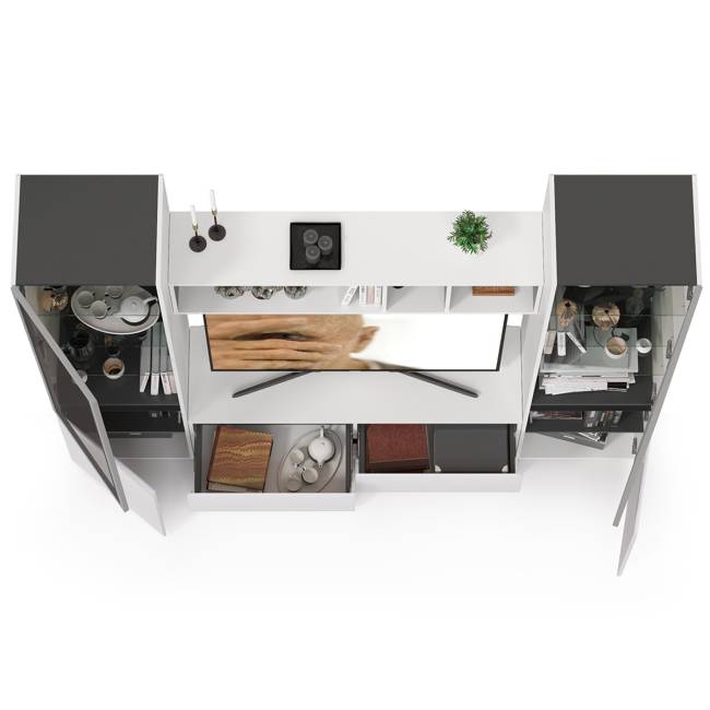 Стенка для гостиной со стеклянными фасадами Сидней цвет белый/чёрный/фасады МДФ белый глянец